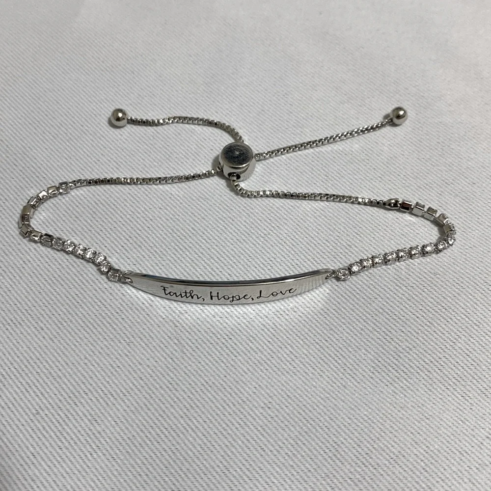 NWOT FAITH, HOPE, LOVE Silver Plated Adjustable Bar Bracelet w CZs on Both Sides
